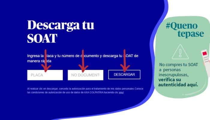 Portal de Axa Colpatria para descargar el SOAT por placa