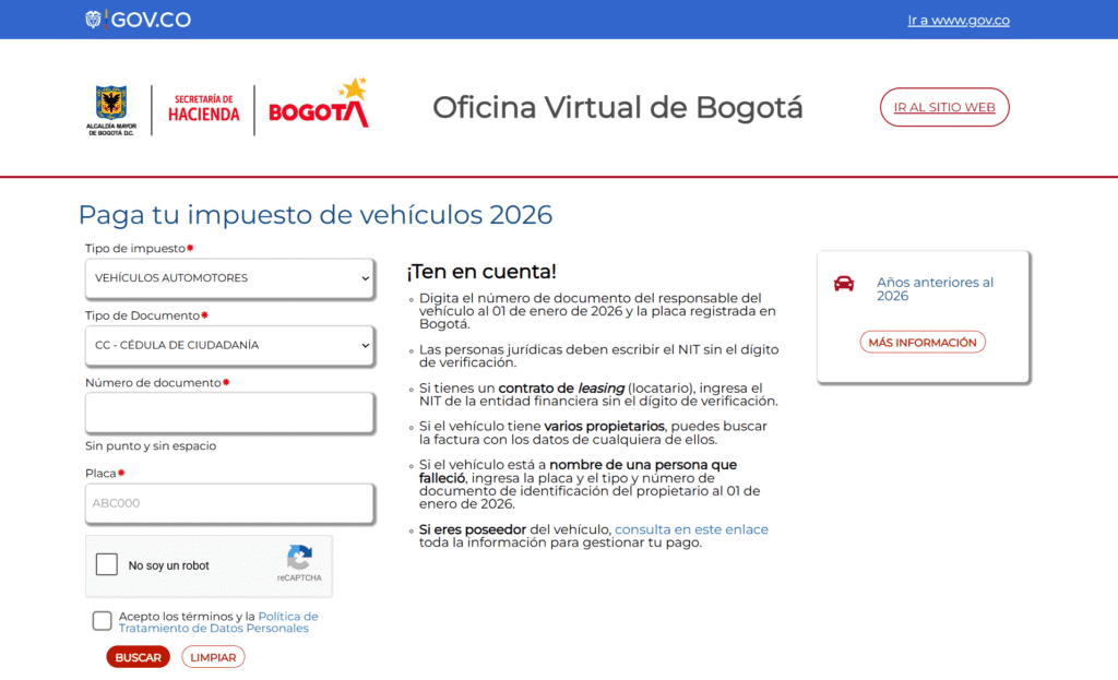 Formulario de la Secretaría de Hacienda de Bogotá para pagar el impuesto de vehículos 2026 con el documento del propietario y la placa