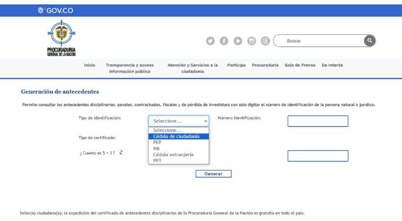 Seleccione el tipo de documento - antecedentes procuraduría