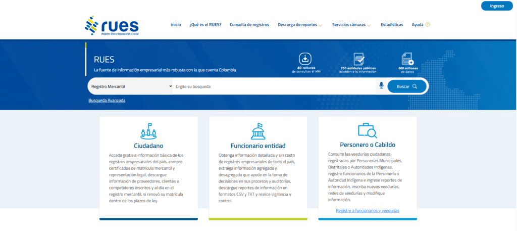 Consultar el NIT de una empresa en el RUES Buscador de la portada del RUES con el selector Registro Mercantil y el campo para digitar la búsqueda