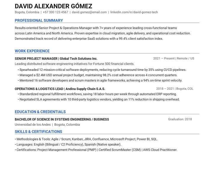 Formato de Hoja de Vida en Inglés tipo Resume formato internacional ATS en Word