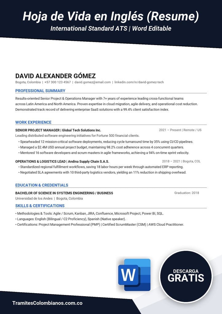 Formato de Hoja de Vida en Inglés tipo Resume formato internacional ATS en Word