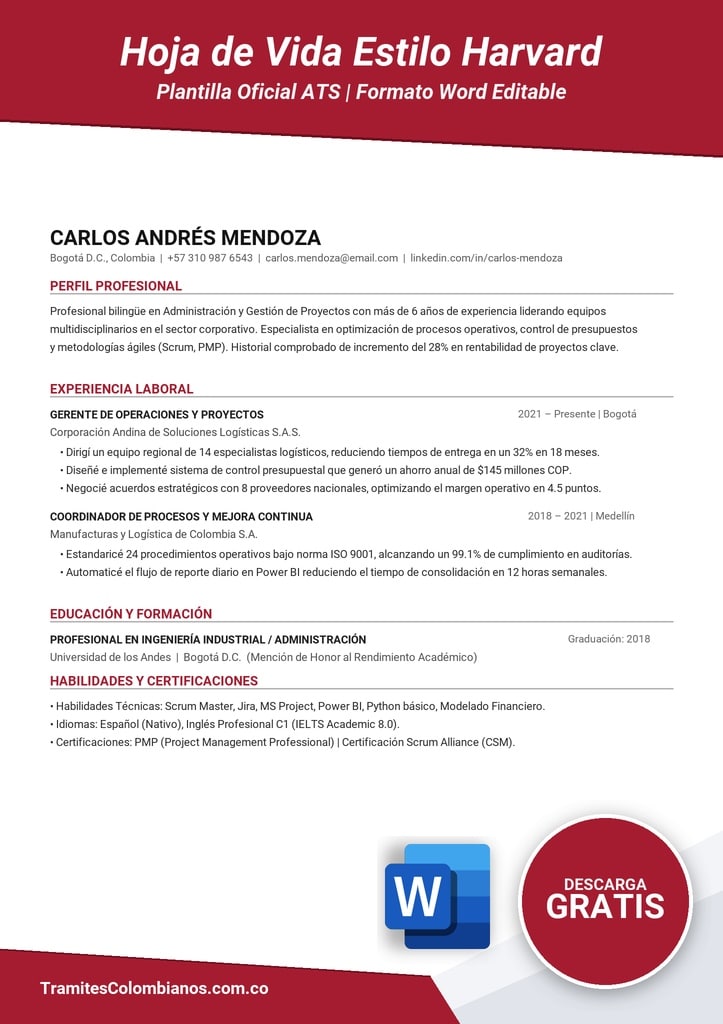 Plantilla de Hoja de Vida Estilo Harvard en Word editable con formato ATS en español