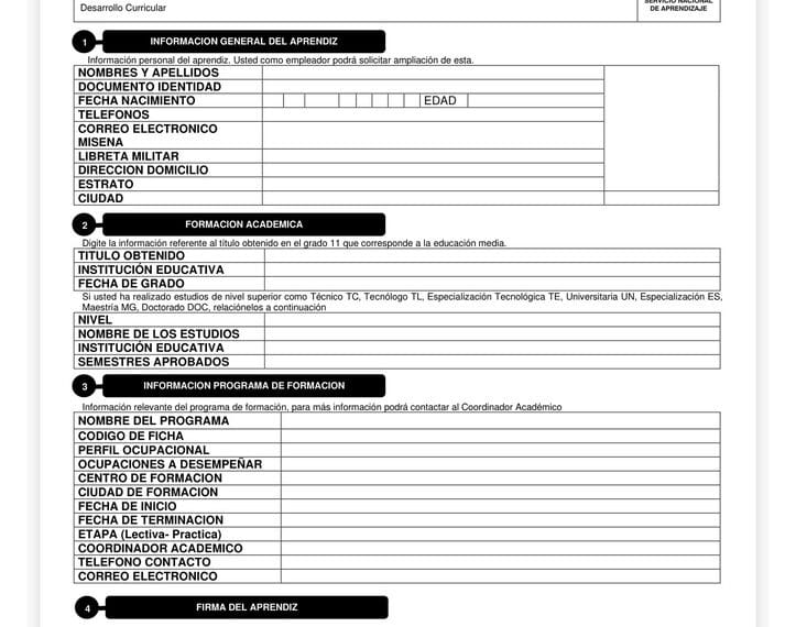 Formato de Hoja de Vida SENA para contrato de aprendizaje y etapa productiva en Word