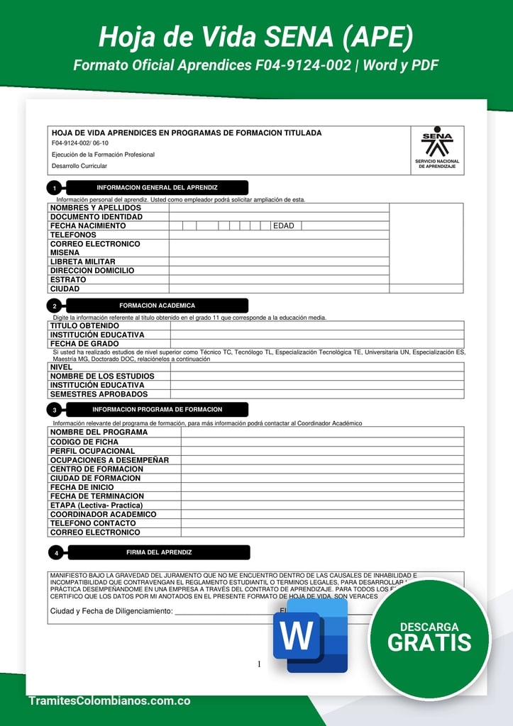 Formato de Hoja de Vida SENA para contrato de aprendizaje y etapa productiva en Word