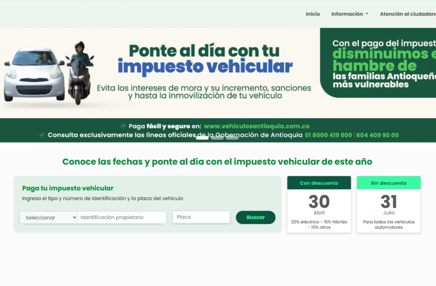 Formulario del portal oficial de la Gobernación de Antioquia para pagar el impuesto vehicular