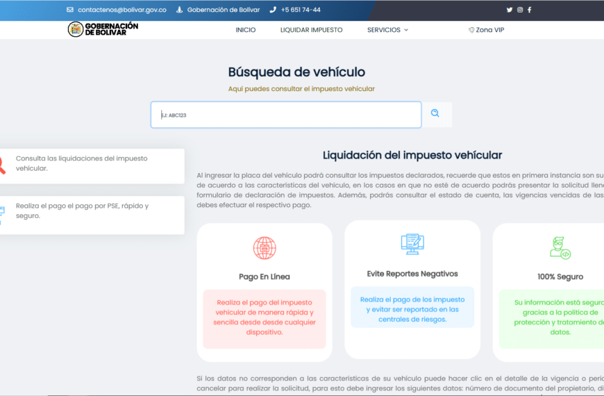 Formulario del portal oficial de la Gobernación de Bolívar para pagar el impuesto vehicular