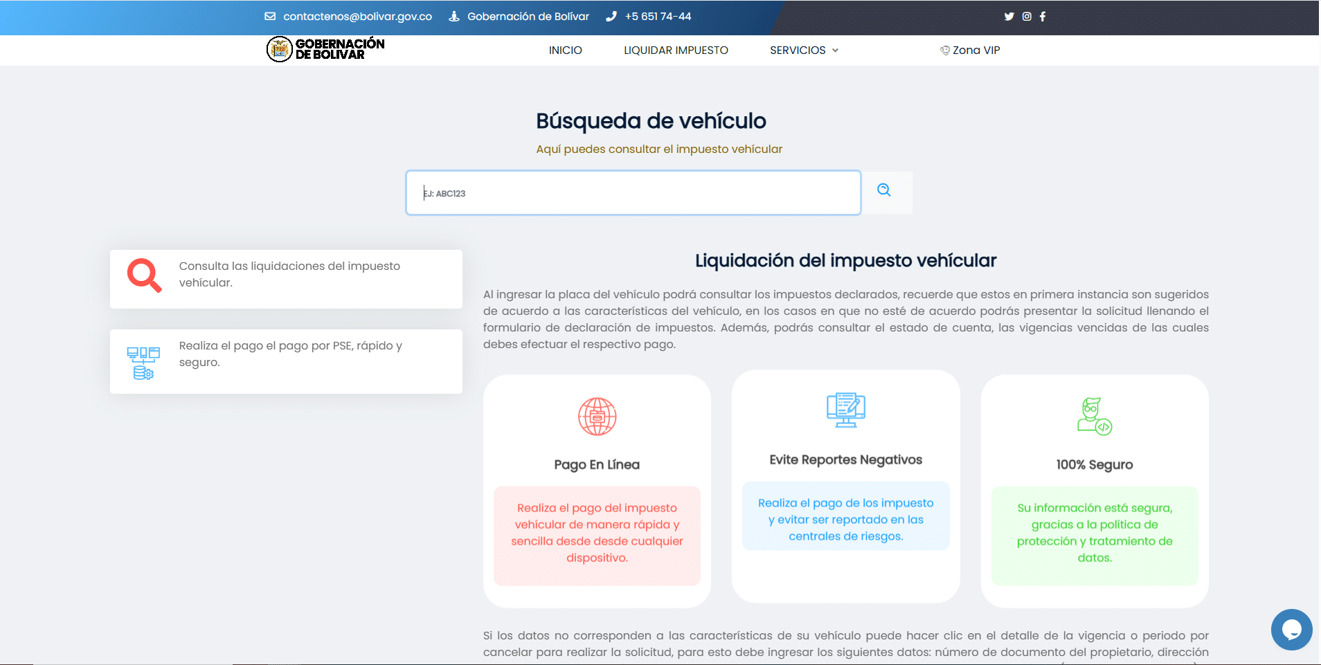 Formulario del portal oficial de la Gobernación de Bolívar para pagar el impuesto vehicular