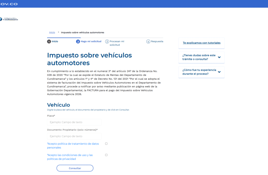 Formulario del portal oficial de la Gobernación de Cundinamarca para pagar el impuesto vehicular