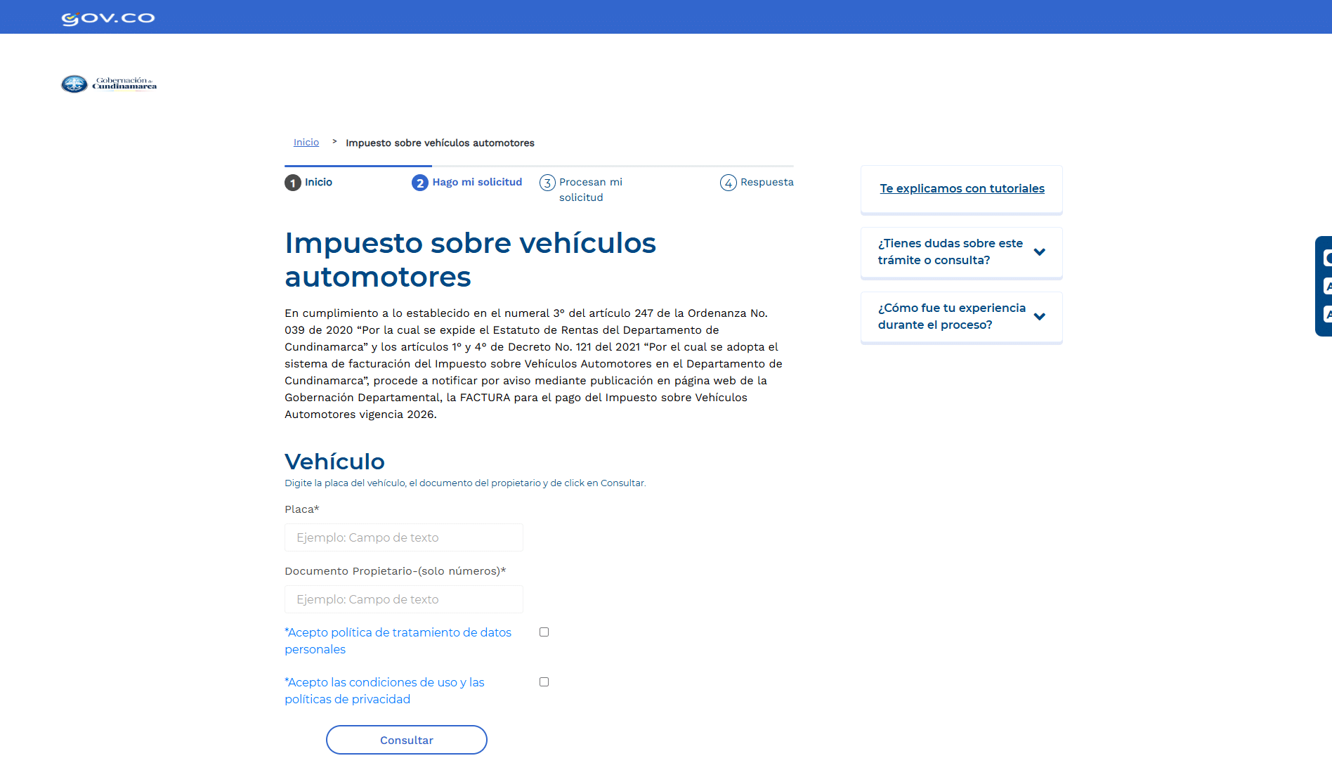 Formulario del portal oficial de la Gobernación de Cundinamarca para pagar el impuesto vehicular