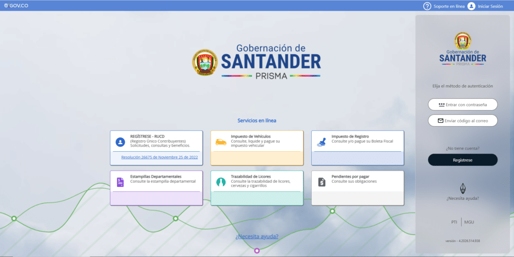 Pantalla de inicio de sesión del portal PRISMA de la Gobernación de Santander para pagar el impuesto vehicular