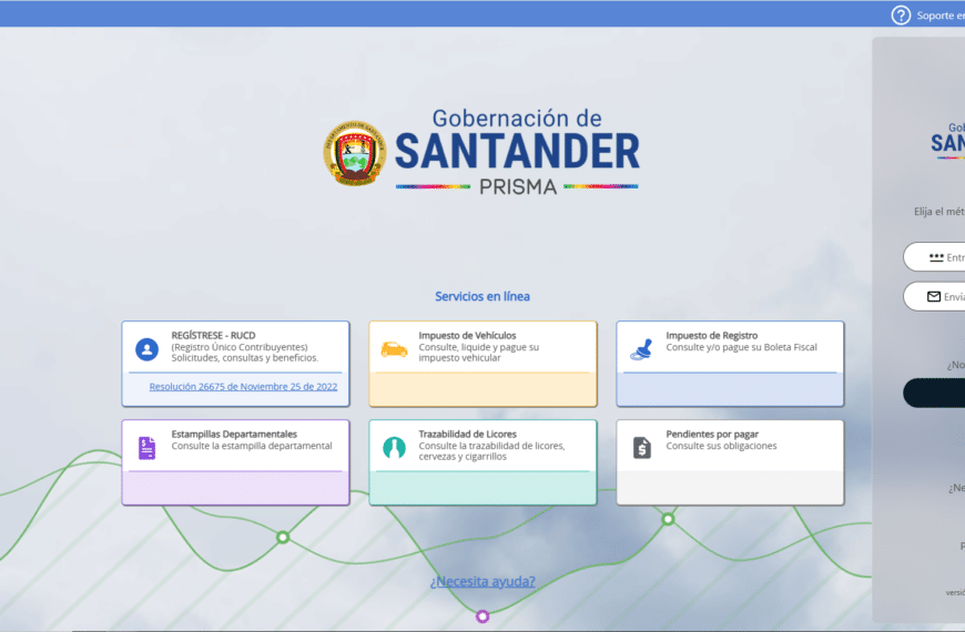 Pantalla de inicio de sesión del portal PRISMA de la Gobernación de Santander para pagar el impuesto vehicular