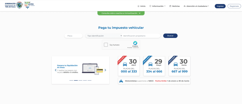 Formulario del portal oficial de la Gobernación del Valle del Cauca para pagar el impuesto vehicular