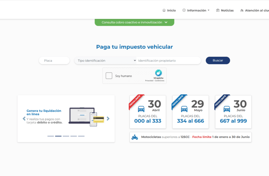 Formulario del portal oficial de la Gobernación del Valle del Cauca para pagar el impuesto vehicular
