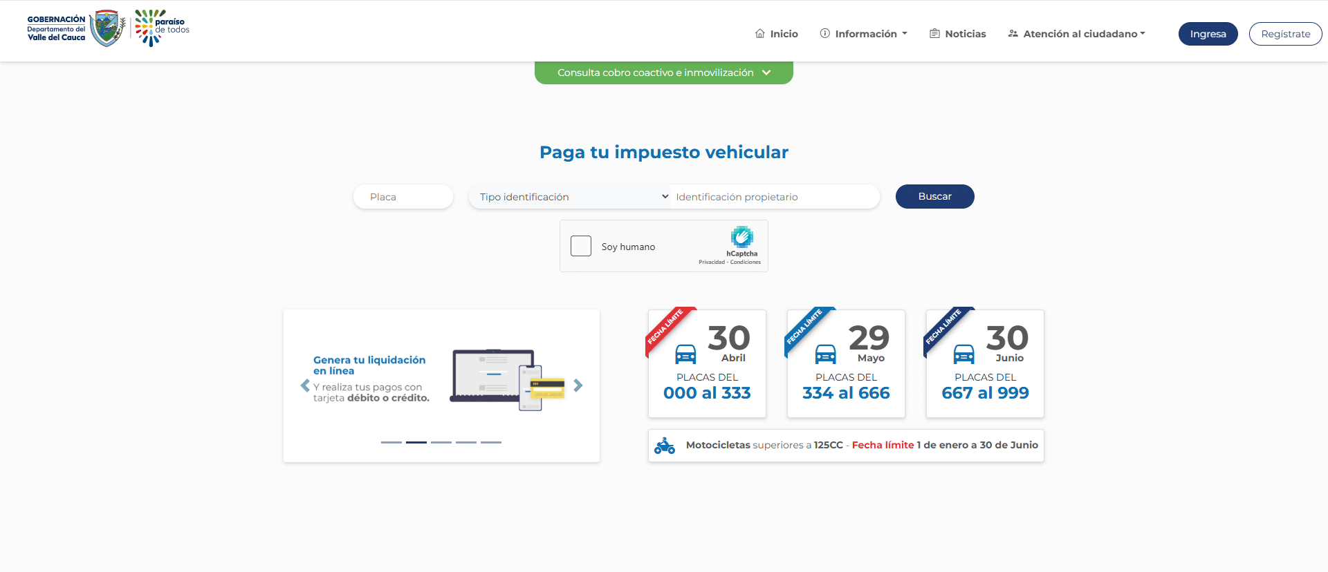 Formulario del portal oficial de la Gobernación del Valle del Cauca para pagar el impuesto vehicular