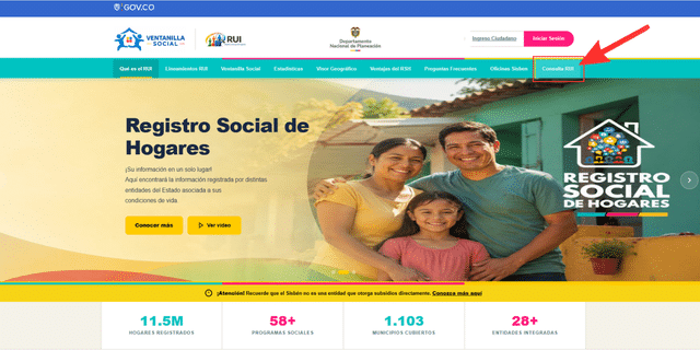Ingreso a la web oficial de la Ventanilla Social y clic en Consulta RUI