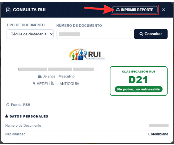 Resultado de clasificación en el RUI con opción Imprimir Reporte