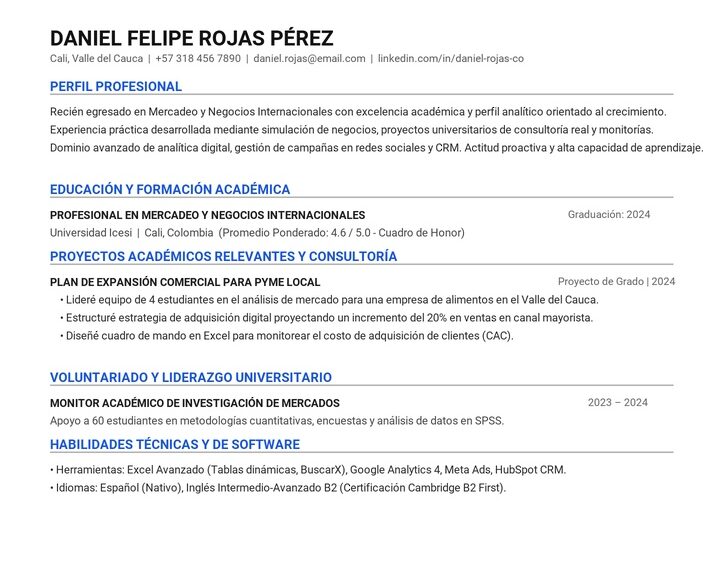 Plantilla de Hoja de Vida Sin Experiencia para primer empleo en Colombia en Word
