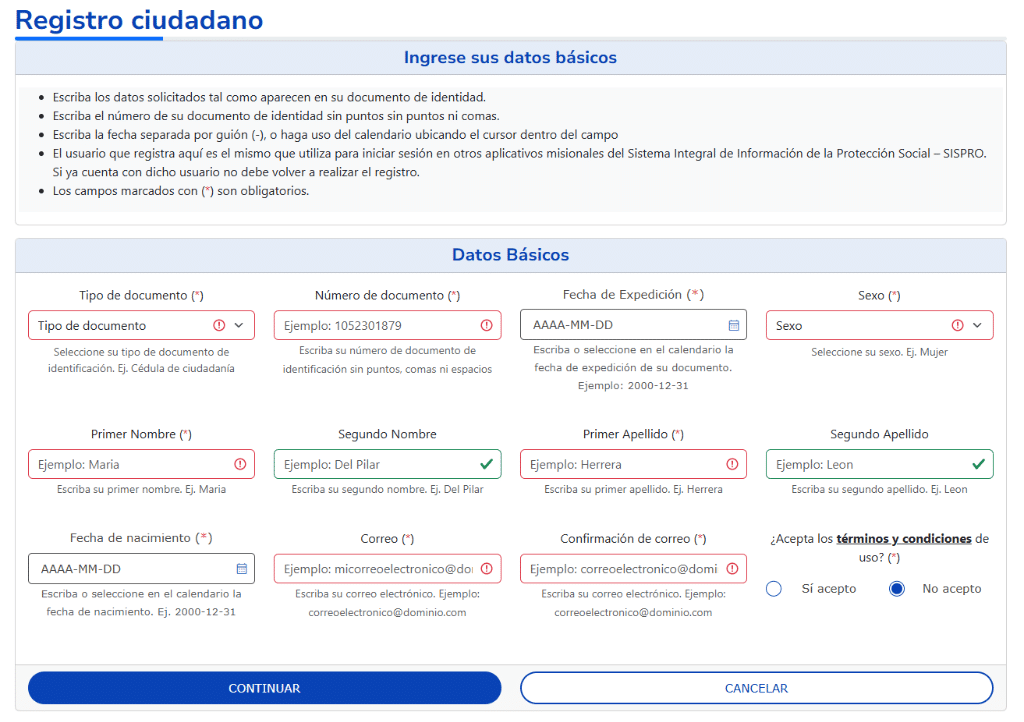 Formulario oficial de registro ciudadano con datos básicos en Mi Seguridad Social